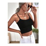 Liona U Yaka Siyah Renk Desensiz Askılı Omzu Açık Fitilli Likralı Fit Crop Top Bluz