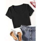 Liona U Yaka Siyah Renk Fitilli Kısa Kollu Regular Crop Top Bluz