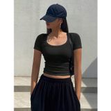 Liona U Yaka Siyah Renk Fitilli Kısa Kollu Slim Fit Crop Top Bluz