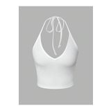 Liona V Yaka Beyaz Renk Desensiz Boyun Bağlamalı Fitilli Kolsuz Likralı Fit Crop Top Bluz