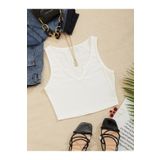 Liona V Yaka Beyaz Renk Fitilli Crop Top Bluz