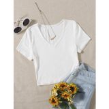 Liona V Yaka Beyaz Renk Fitilli Kısa Kollu Regular Crop Top Bluz