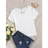 Liona V Yaka Beyaz Renk Fitilli Kısa Kollu Slim Fit Crop Top Bluz