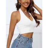 Liona V Yaka Boyundan Askılı Beyaz Renk Desensiz Kolsuz Fitilli Likralı Fit Crop Top Bluz