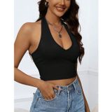 Liona V Yaka Boyundan Askılı Siyah Renk Omzu Sırtı Açık Kolsuz Fitilli Likralı Fit Crop Top Bluz