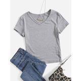 Liona V Yaka Gri Renk Fitilli Kısa Kollu Slim Fit Crop Top Bluz