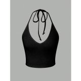 Liona V Yaka Siyah Renk Desensiz Boyun Bağlamalı Fitilli Kısa Kolsuz Likralı Fit Crop Top Bluz