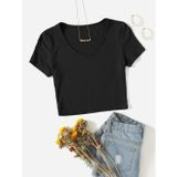 Liona V Yaka Siyah Renk Fitilli Kısa Kollu Regular Crop Top Bluz