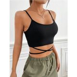 Liona Yuvarlak Yaka Askılı Çapraz Bağcıklı Siyah Renk Fitilli Crop Top Bluz