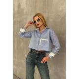 Lior Design Mavi-Beyaz Manşet ve Cepleri Garnili Çizgili Oversize Crop Dokuma Gömlek BC231036 - 42 - Mavi - Beyaz