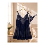 Liora Sapphire Büyük Beden Dantel Tül Gecelik Takımı Lacivert Babydoll