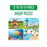 LİPYOS Çiftçi Çocuk Ve At Arabası, Oyun Parkı, Deniz Ve Tatil, Denizaltı Ahşap 4'lü Puzzle Seti