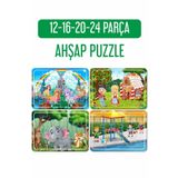 Lipyos Unicorn, Şeker Ev Ve Elma Ağacı, Havuzda Oyun, Sevimli Hayvanlar Ahşap 4'Lü Puzzle Seti