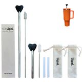 Lipzi - Paslanmaz Çelik Hasır - 40 oz Bardaklar için Uzatılabilir Uzunluk Kırışıklık Önleyici Hasır - Diş Lekesini Serbest Tutmak için Ayarlanabilir Silikon Uç - Fırçalı, Uzantılı ve Kese İçeren Metal