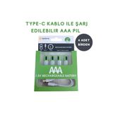Lisinya Usb Type-C ile Şarjolabilen 4 Adet AAA 1.5V Lityum Şarjlı Kalem Pil 750 mAH Uzun Ömürlü ( ) Lisn-109102-1457-ER