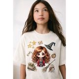 Little Aden Kız Çocuk Harmonie Harry Potter Baskılı Pamuklu Oversize Yazlık Tişört - Ekru - 10 - 11 Yaş