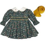 Littleku Yeşil Çiçekli Yakası Nakışlı Elbise ve Külotlu Çorap Kız Bebek 2'li Set