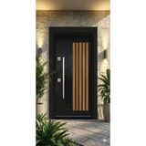 LİV Concept Modern Siyah High-gloss Yüzeyli Dikey Ahşap Çıtalı Lüks Çelik Villa Kapısı (110x210 Cm)