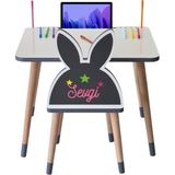 Liva Ahşap Çocuk Masa Sandalye Takımı Tekli Pembe (Kelebekli)- Tablet, Telefon ve Kalemlik Yeri Yaz Sil Özellikli Yüzey - Gri