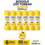 Liva Ambalaj Büzgülü Kokulu Çöp Torbası Orta Boy 55X60 cm - 6 Rulo 60 Adet Limonlu - 55 x 60 cm
