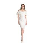 livanomi Straplez Beyaz Kolları Fırfırlı Dantelli Abiye Elbise