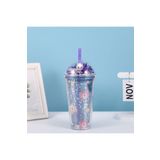 Livava Ayıcık Işıklı ve Pipetli Bardak, 450 ml, Pullu ve Kapaklı, Mor, 20x8