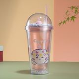 Livava Desenli Işıklı ve Pipetli Bardak, 450 ml, Boncuklu ve Kapaklı, Pembe, 20x8