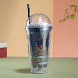 Livava Desenli Işıklı ve Pipetli Bardak, 450 ml, Boncuklu ve Kapaklı, Siyah, 20x8