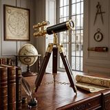 Livava Nostaljik Pirinç Teleskop Ahşap Tripod Ayaklı Masaüstü Dekoratif Hediyelik El Dürbünü Kahverengi