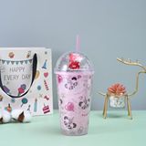 Livava Panda Işıklı ve Pipetli Bardak, 450 ml, Buzlu ve Kapaklı, Pembe, 20x8