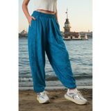 LİVE SPORT Kadın Mavi Asit Yıkamalı Beli Lastikli Cepli Jogger Pantolon Havuç Paça Salaş Şalvar Pantolon