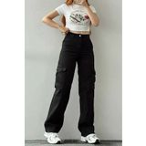 Livik Catina Hot Fashionnova Siyah Arka Cepsiz Kargo Cep Salaş Likralı Yüksek Bel Salaş Paça Kot Pantolon