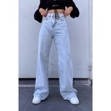 Livik Kadın Lebron Mavi Kar Yıkama Yüksek Bel Bol Paça Denim Kot Pantolon- Salaş Pantolon - 26 - Buz Mavi