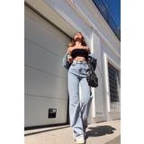 Livik Mery Power Likralı Kadın Açık Mavi Kar Yıkama Yüksek Bel Salaş Paça Denim Kot Pantolon Lvk-001040a