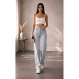Livik Q Power Likralı Kadın Açık Mavi Kar Yıkama Yüksek Bel Bol Paça Denim Kot Pantolon Lvk-001040a