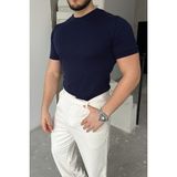 Livio Ferri Kama Erkek Bisiklet Yaka Pamuk Regular Fit Kısa Kollu Ince Triko Tişört - Lacivert - 2XL