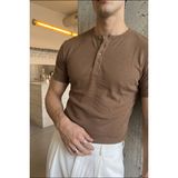 Livio Ferri Liiri %100 Pamuk Premium Fitilli Henley Yaka Yarım Düğmeli Erkek Tişört Regular Fit Basic Yazlık Tişört - Vizon