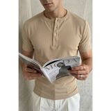Livio Ferri Liiri %100 Pamuk Premium Fitilli Henley Yaka Yarım Düğmeli Regular Fit Basic Yazlık Erkek Tişört - Bej - XL