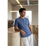 Livio Ferri Liiri %100 Pamuk Premium Fitilli Henley Yaka Yarım Düğmeli Regular Fit Basic Yazlık Erkek Tişört - Mavi