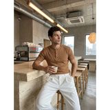 Livio Ferri Liiri %100 Pamuk Premium Fitilli Henley Yaka Yarım Düğmeli Regular Fit Basic Yazlık Erkek Tişört - Tarçın - 2XL