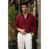 Livio Ferri Napas Erkek Oversize Keten Görünümlü Gömlek - Bordo - 2XL