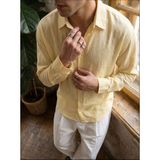 Livio Ferri Piana %100 Cotton Kendinden Desenli Oversize Erkek Gömlek Yazlık Rahat Kesim Gömlek - Sarı