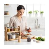 Livizmir Moda 8 Parça Borosilikat Cam Baharatlık Seti (700 Ml) - Paslanmaz Çelik Kapaklı ve Bambu Kapak Sçenekli 2 Katlı Bambu Standlı Tezgah Üstü Erzak Kabı ve Mutfak Düzenleyici Organizer (Bambu Kapak)