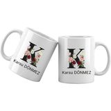 Liya Gift Collection K Harfli Kişiye Özel Isimli Porselen Kupa Bardak – Çiçekli Monogram Harf Tasarımlı Isim Yazılı Kişiselleştirilebilir Hediye Kupa - Beyaz - 312 ml