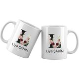 Liya Gift Collection L Harfli Kişiye Özel Isimli Porselen Kupa Bardak – Çiçekli Monogram Harf Tasarımlı Isim Yazılı Kişiselleştirilebilir Hediye Kupa - 1 Adet - 313 ml