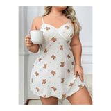 Liyuza Büyük Beden Ayıcık Desenli Pamuklu İnce Askılı Mini Gecelik Under Secret BEYAZ 3XL