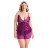 Liyuza Büyük Beden Mor Saten Babydoll Şort Takımı Zarif Kadın Gece Giyim MOR 3XL