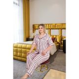 Liyuza Büyük Beden Şık Tasarım Pembe Siyah Çizgili Düğmeli Kısa Kol Lüx Saten Pijama Takımı Pembe 4XL