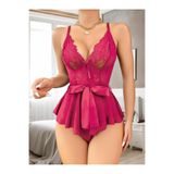 Liyuza Dantel İşlemeli Kurdelalı Tül Babydoll Fuşya Renk Fuşya L/XL