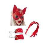 Liyuza Fantezi Deri Seksi Kırmızı Kedi Maske Kelepçe Kırbaç Seti (3'lü Set) Kırmızı Tek Ebat
